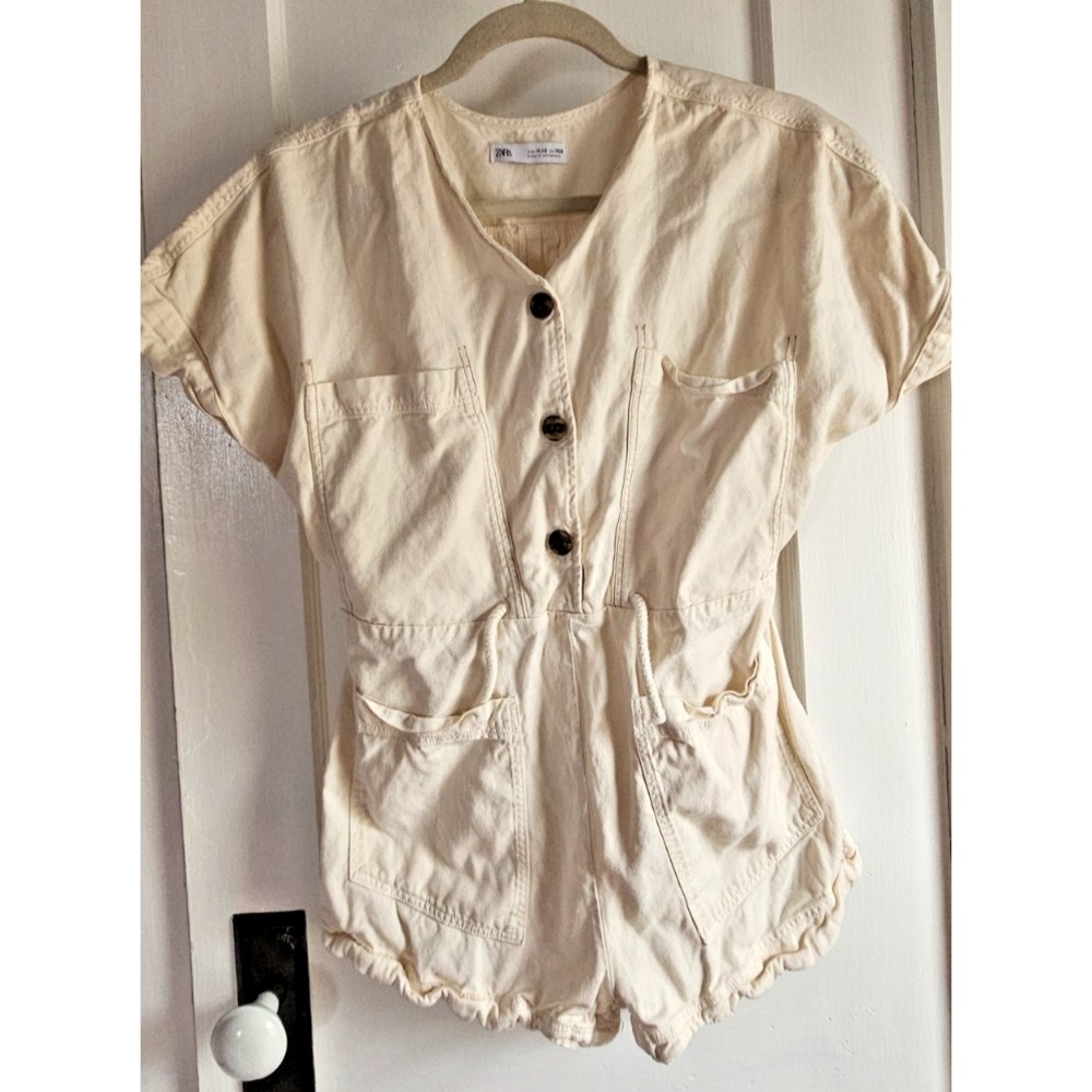 ZARA girl Sz 11-12 safari big pockt‎ ivory romper short sleeves NWOT
